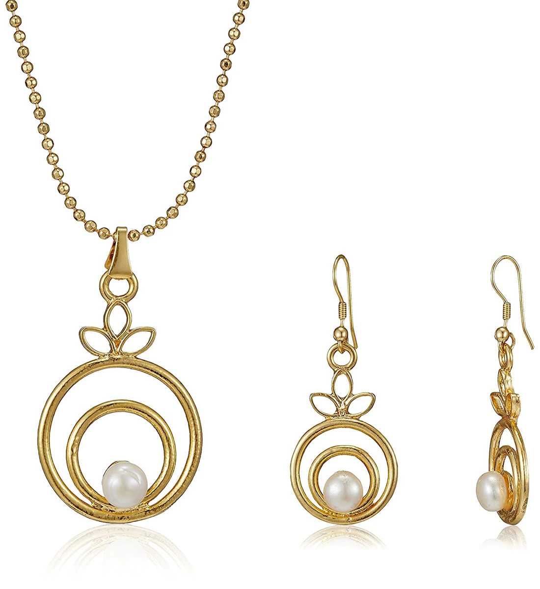 Fancy Round Shape Button Pearl & Gold Plated Pendant with chain & Earring Set for Women (SDS145)