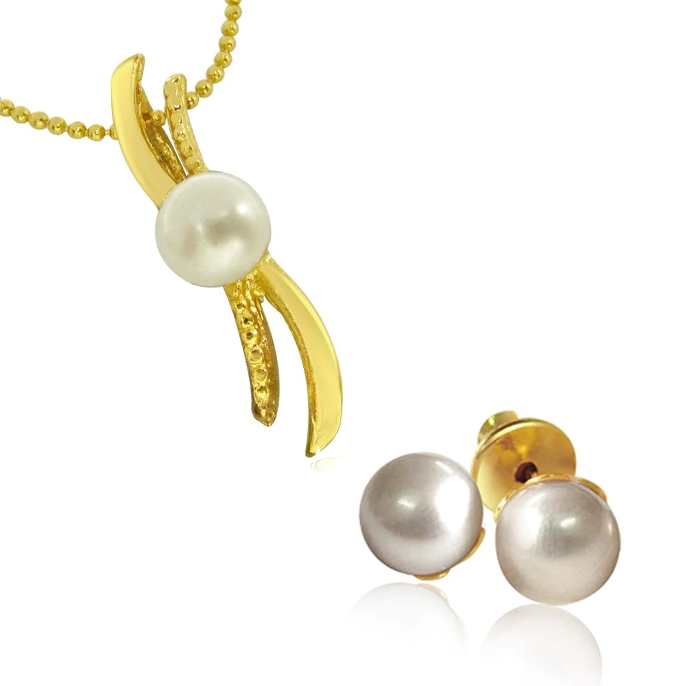 'S' Shape Button Pearl Pendant with chain & Pearl Studs for Women (SDS147)