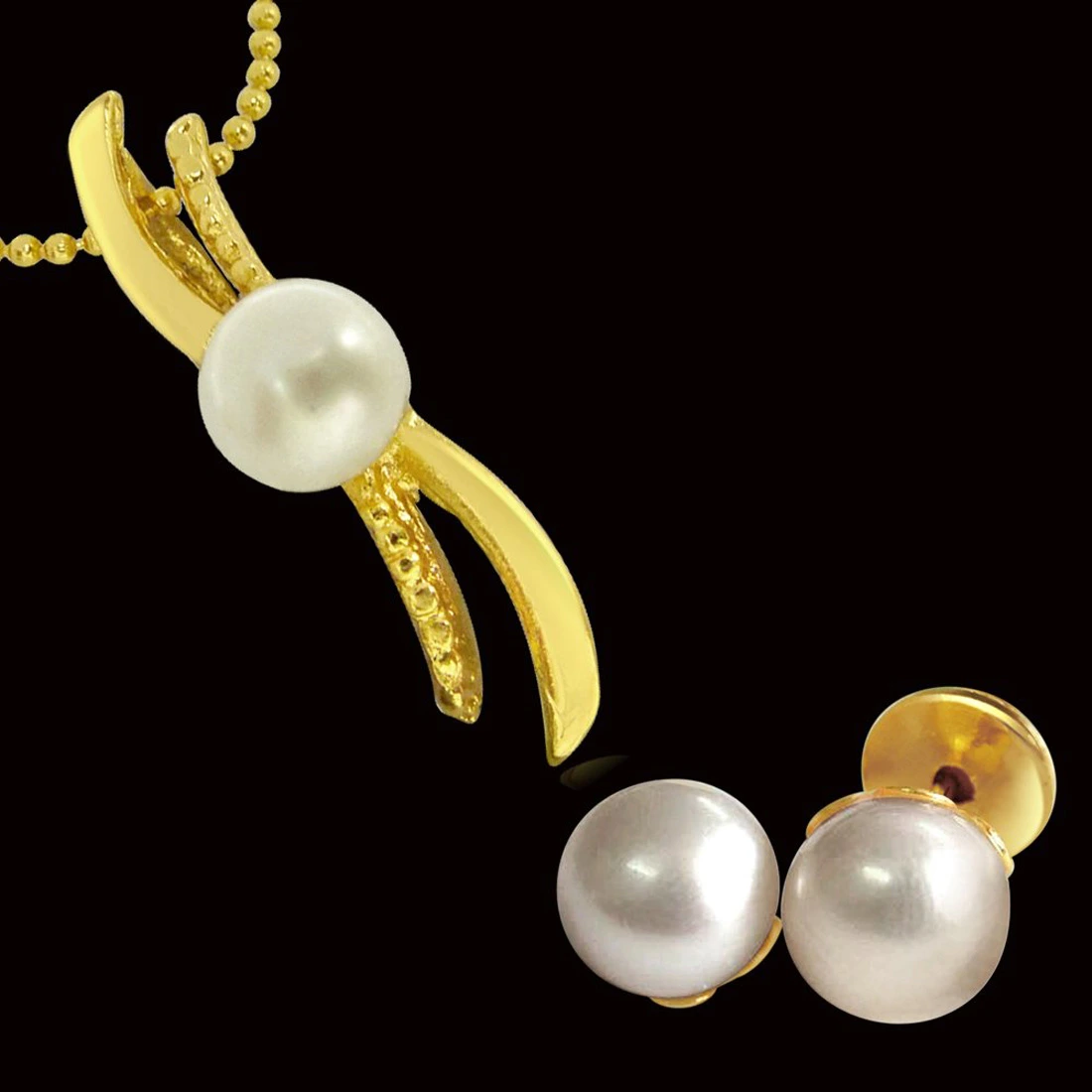 'S' Shape Button Pearl Pendant with chain & Pearl Studs for Women (SDS147)