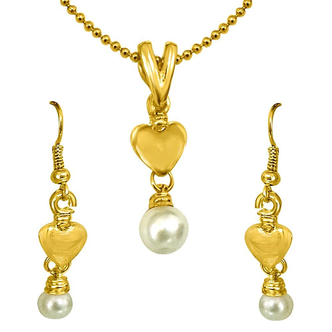 Heart Shaped Shell Pearl & Gold Plated Pendant & Earring Set with Chain