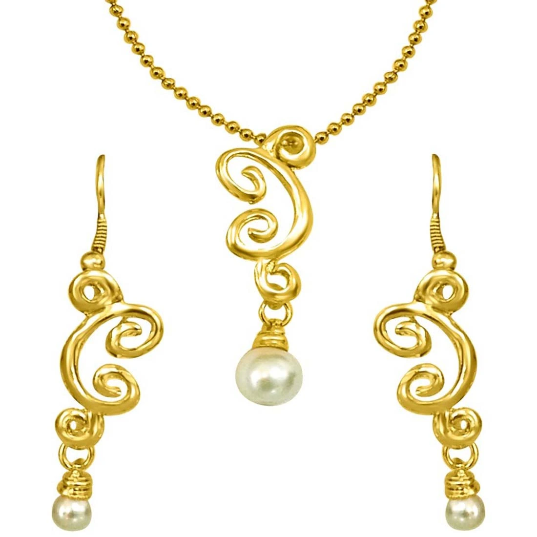 Trendy White Shell Pearl & Gold Plated Pendant with Chain & Earring Set for Women (SDS150)