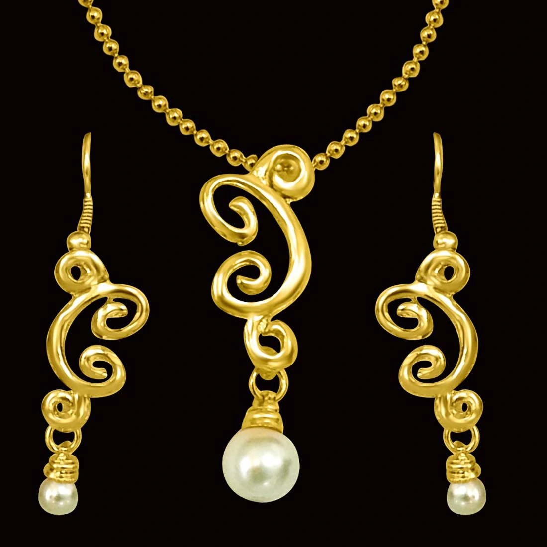 Trendy White Shell Pearl & Gold Plated Pendant with Chain & Earring Set for Women (SDS150)