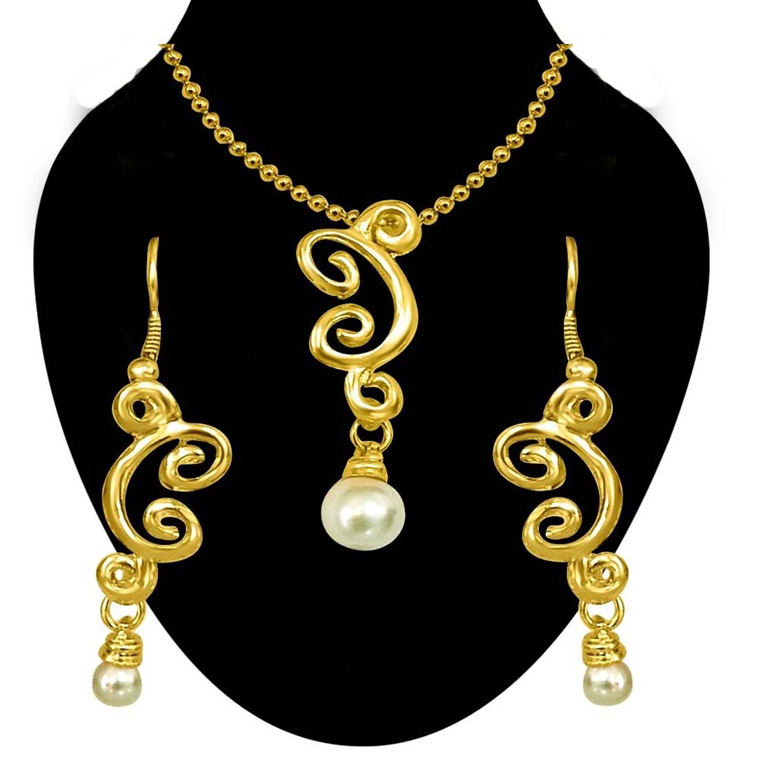 Trendy White Shell Pearl & Gold Plated Pendant with Chain & Earring Set for Women (SDS150)