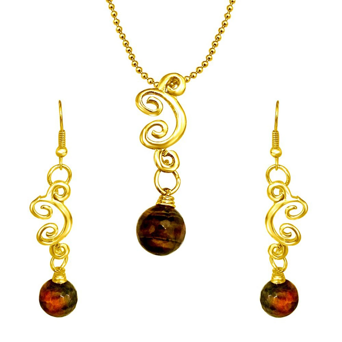 Real Big Brown Tiger Eye Ball & Gold Plated Pendant & Earring Set with Chain for Women (SDS156)