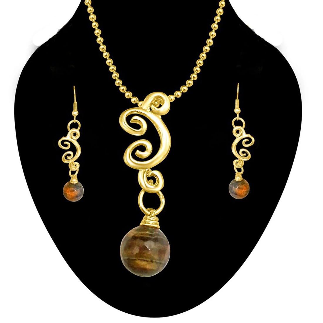 Real Big Brown Tiger Eye Ball & Gold Plated Pendant & Earring Set with Chain for Women (SDS156)