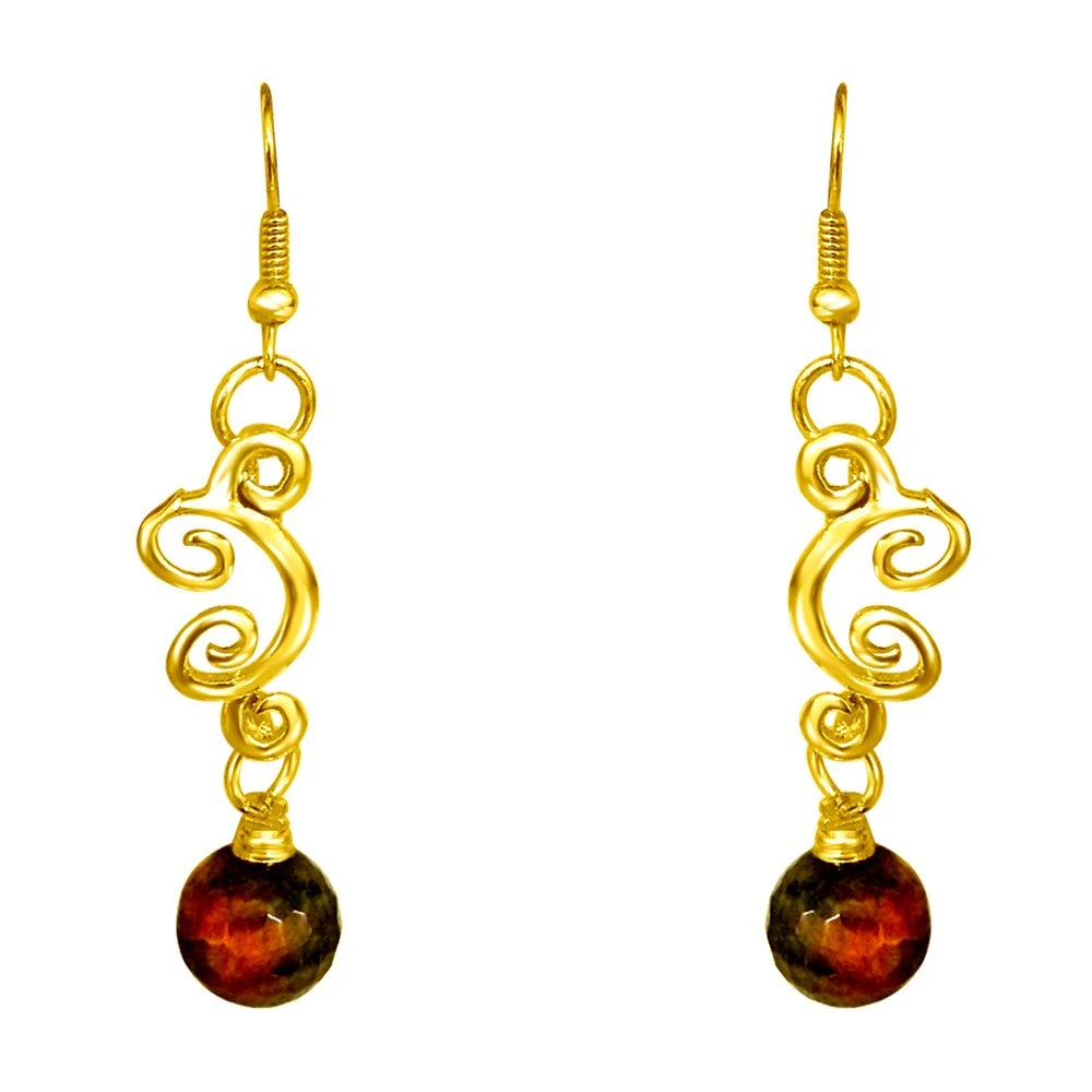 Real Big Brown Tiger Eye Ball & Gold Plated Pendant & Earring Set with Chain for Women (SDS156)