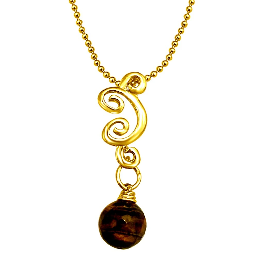 Real Big Brown Tiger Eye Ball & Gold Plated Pendant & Earring Set with Chain for Women (SDS156)