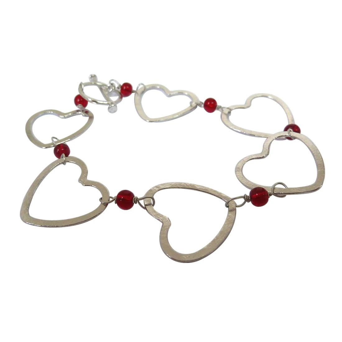 Modern & Stylish Silver Plated Heart Shape with Red Beads Bracelet (SDS163)