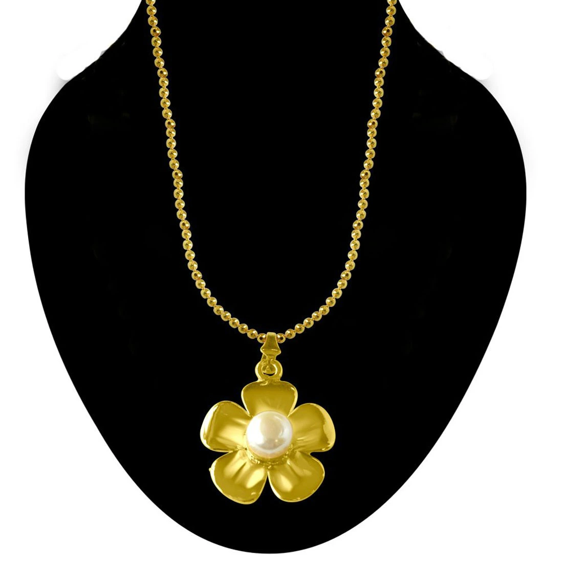 Flower Shaped Big Button Pearl & Gold Plated Pendants with Chain & Pair Of Studs