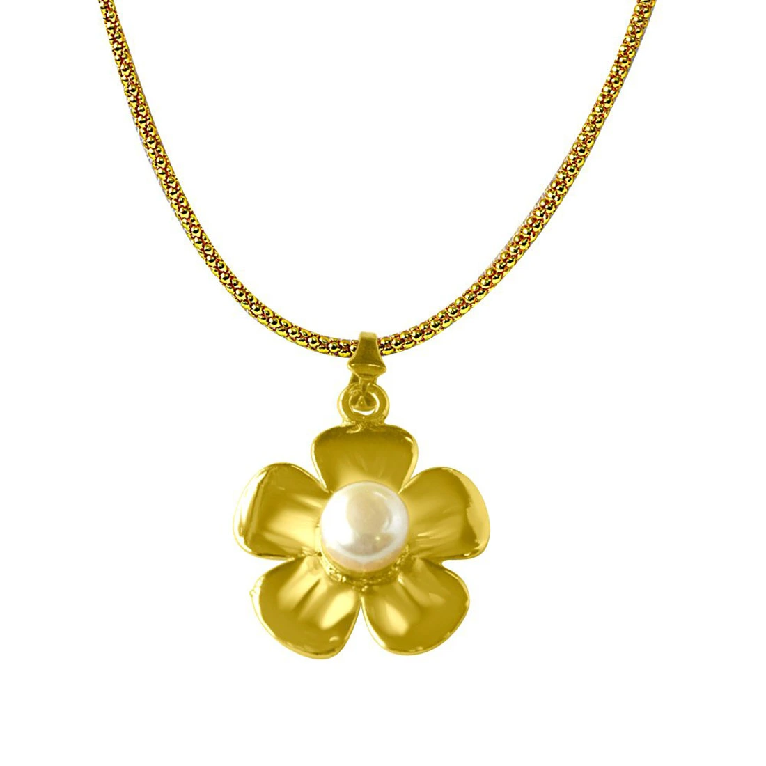 Flower Shaped Big Button Pearl & Gold Plated Pendants with Chain & Pair Of Studs (SDS215)