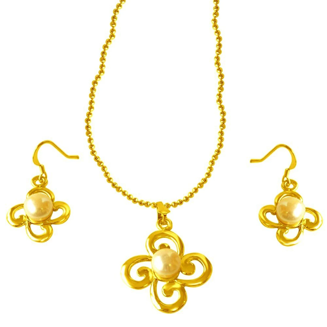 Trendy Button Pearl With Gold Plated Pendant with Chain & Matching Earring (SDS216)