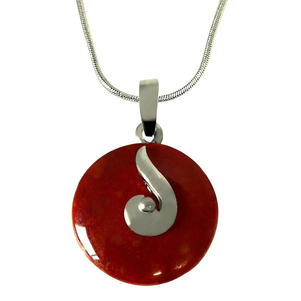 Round 18mm Disc Shaped Brown Jasper & Sterling Silver Pendant with Silver Finished Chain 18 IN (SDS228)