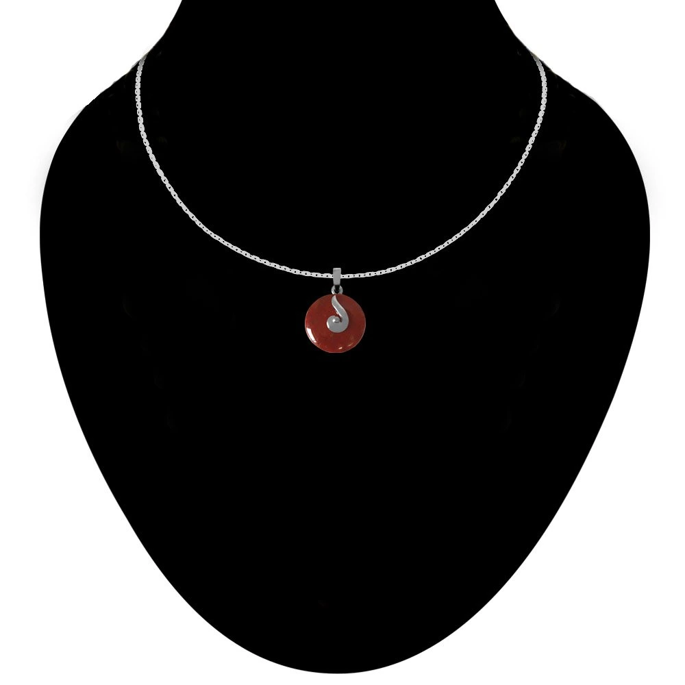 Round 18mm Disc Shaped Brown Jasper & Sterling Silver Pendant with Silver Finished Chain 18 IN (SDS228)