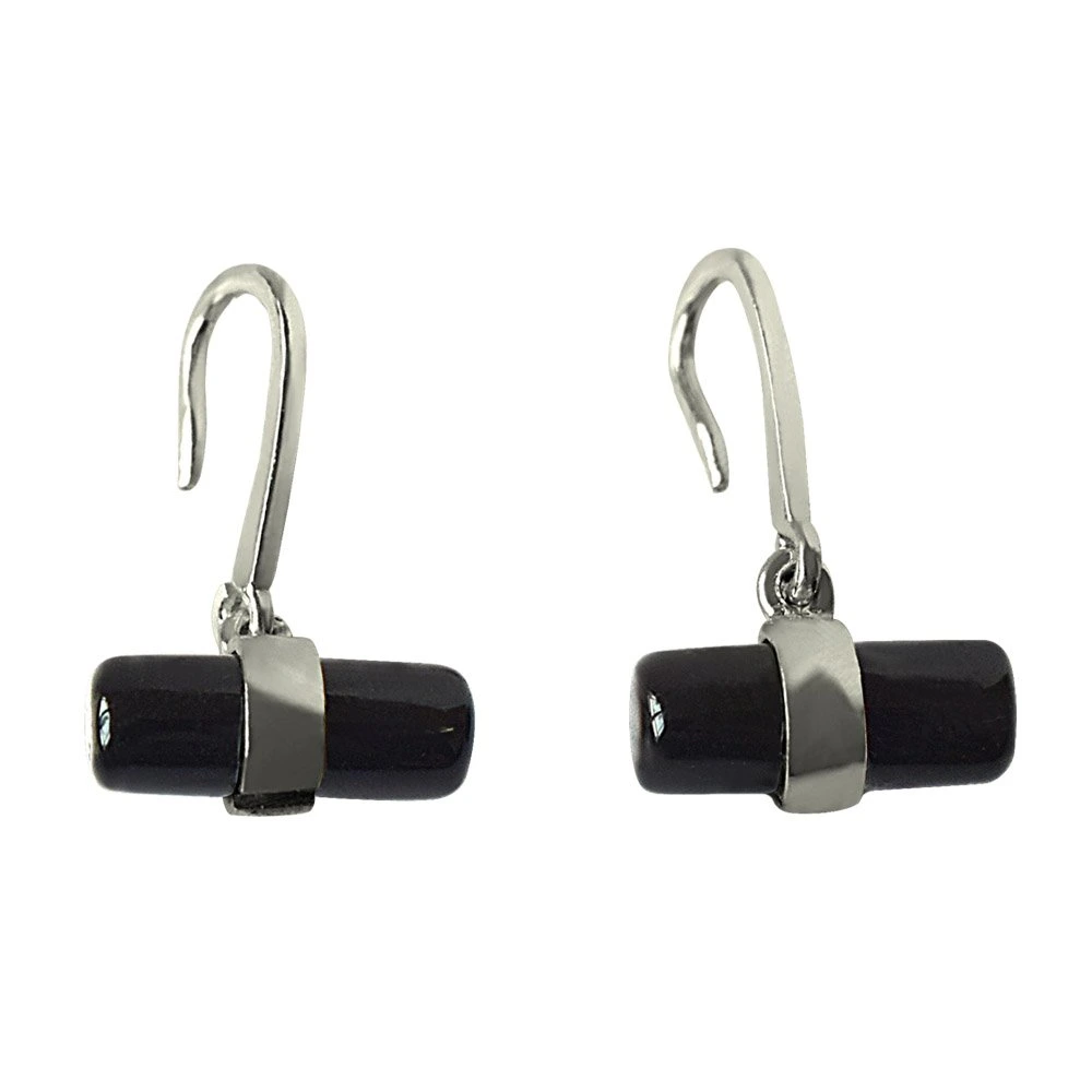 Cylinder Shaped Black Onyx & Sterling Silver Hanging Earring for Women (SDS229)