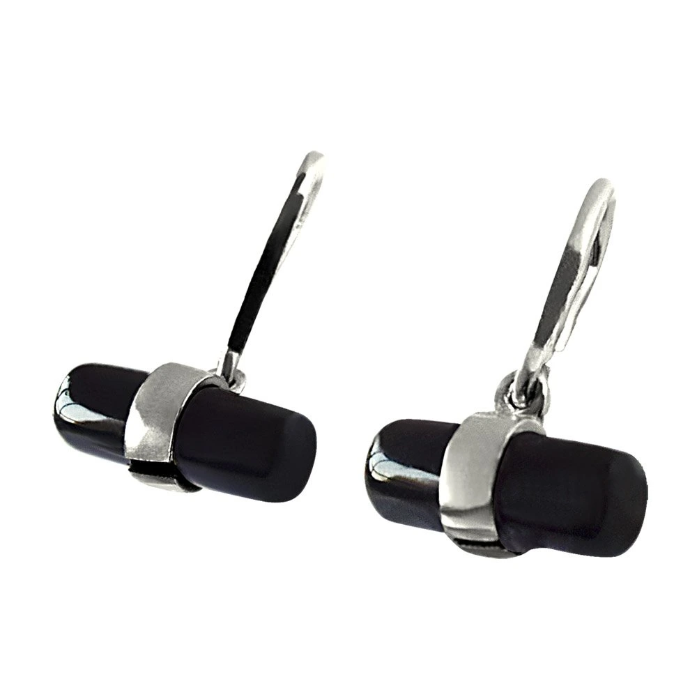 Cylinder Shaped Black Onyx & Sterling Silver Hanging Earring for Women (SDS229)