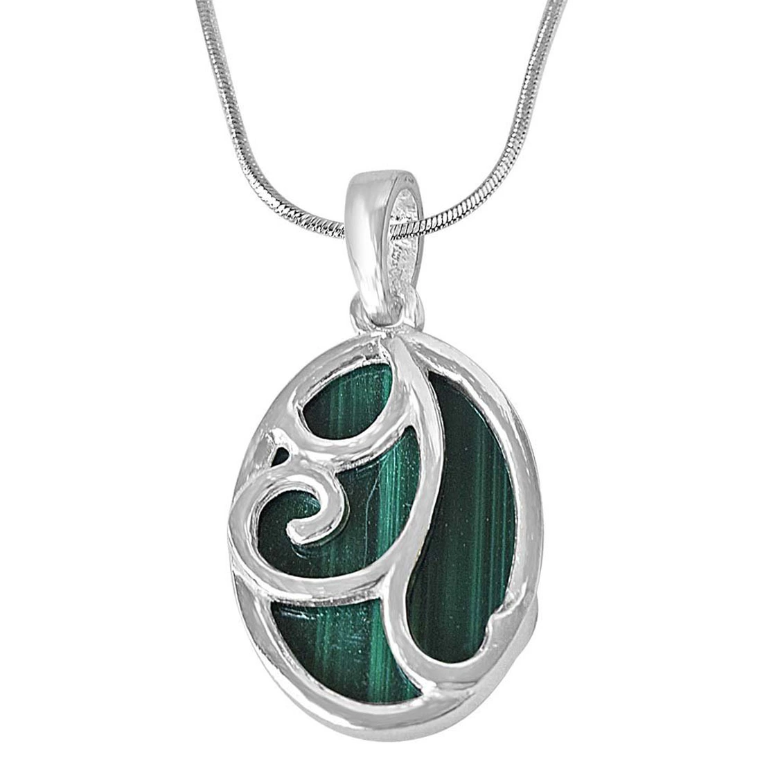 Green Oval Malachite & Silver Pendant with 18 IN Silver Finished chain (SDS230)