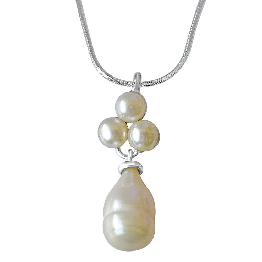 Pearl Garden Sterling Silver Drop Pearl with Pearl Flower Pendant with 18 IN Chain (SDS233)