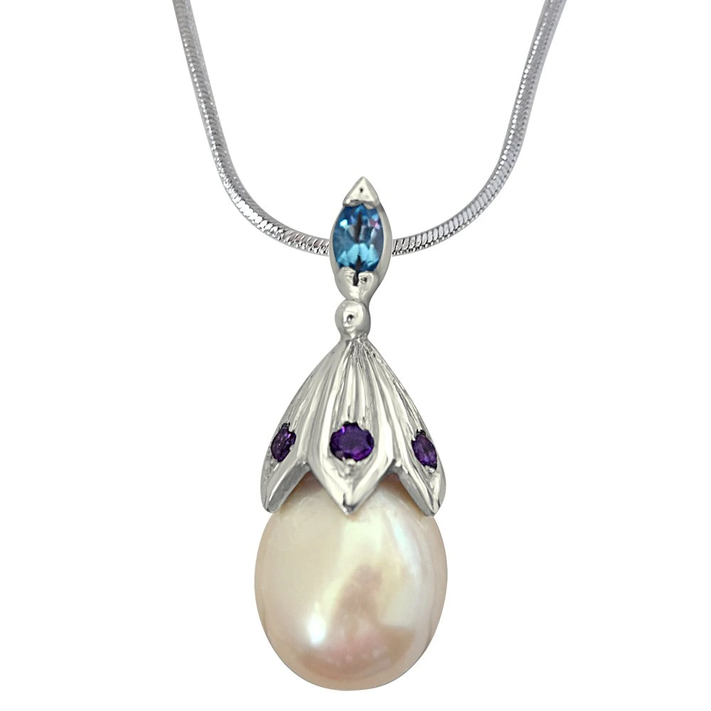 A Drop of Love - Big Lustrous Drop Pearl & Silver Pendant with 18 IN Chain for Women (SDS234)