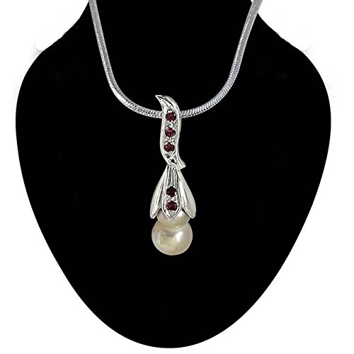 Rare Twin Pearl Silver Pendant with Pink Rhodolite Semi Precious Stone with 18 IN Chain (SDS235)