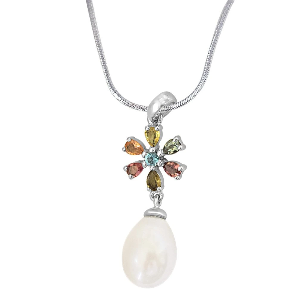 Real Pearl & Gemstone Pendant Silver Finished 18IN Chain for women (SDS236)