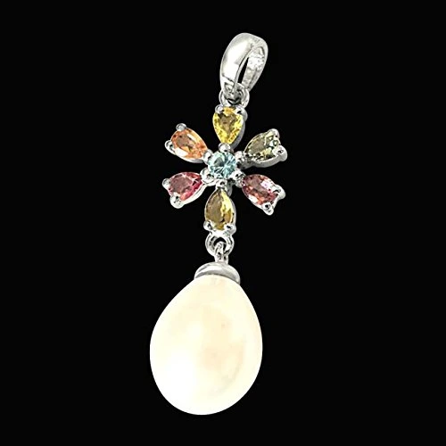 Real Pearl & Gemstone Pendant Silver Finished 18IN Chain for women (SDS236)