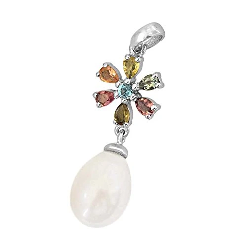 Real Pearl & Gemstone Pendant Silver Finished 18IN Chain for women (SDS236)