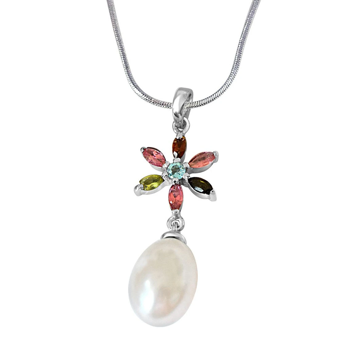 Flower Shaped Real Pearl & Gemstone Pendant with Silver Finished 18 IN Chain (SDS237)