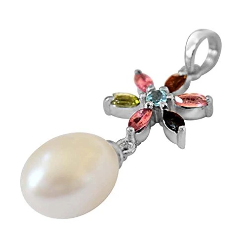 Flower Shaped Real Pearl & Gemstone Pendant with Silver Finished 18 IN Chain (SDS237)
