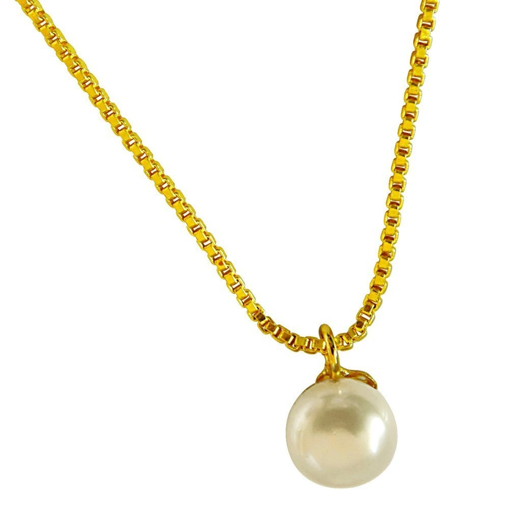 4.00 ct Round Button Natural Freshwater White Pearl 9mm Solitaire Pendant with Gold Plated Chain (SDS258)