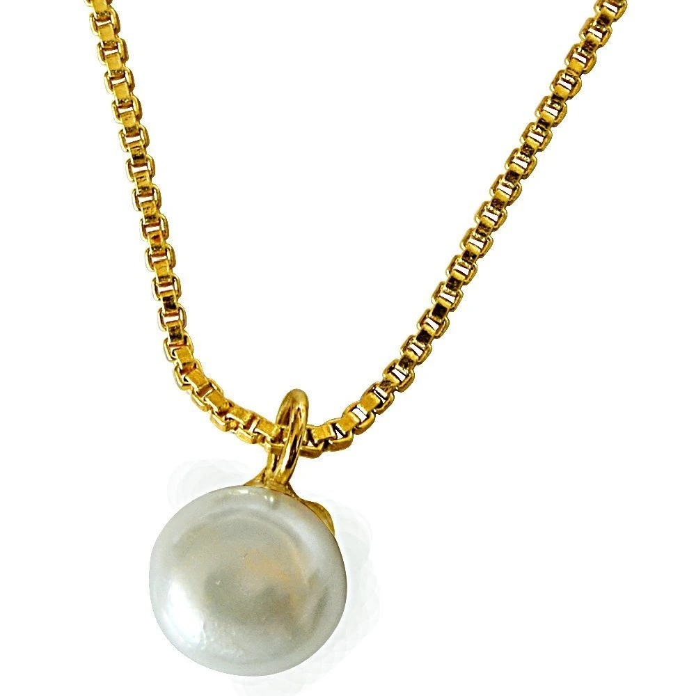 4.00 ct Round Button Natural Freshwater White Pearl 9mm Solitaire Pendant with Gold Plated Chain (SDS258)