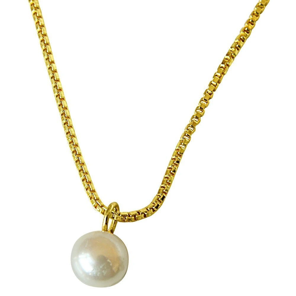 2.00ct Round Button Natural Freshwater White Pearl 8mm Solitaire Pendant with Gold Plated Chain (SDS259)