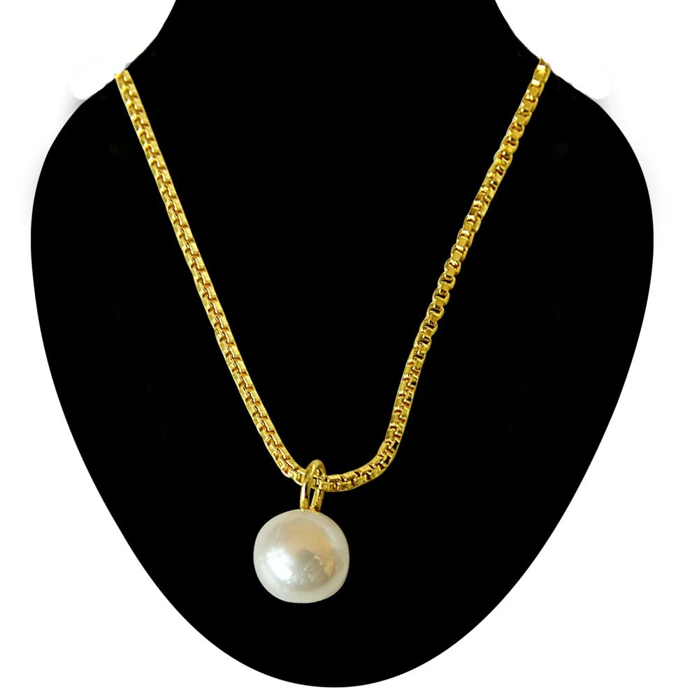 2.00ct Round Button Natural Freshwater White Pearl 8mm Solitaire Pendant with Gold Plated Chain (SDS259)