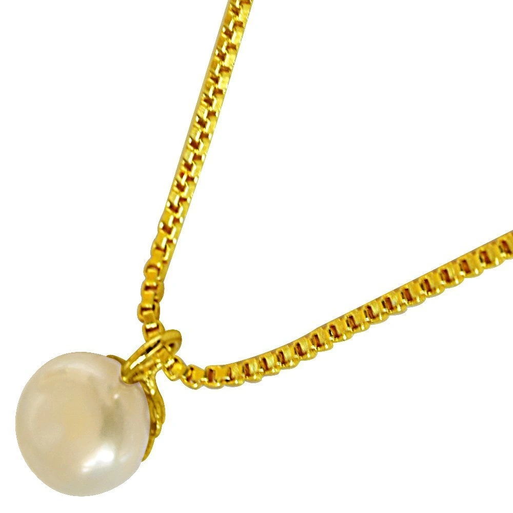 2.00ct Round Button Natural Freshwater White Pearl 8mm Solitaire Pendant with Gold Plated Chain (SDS259)