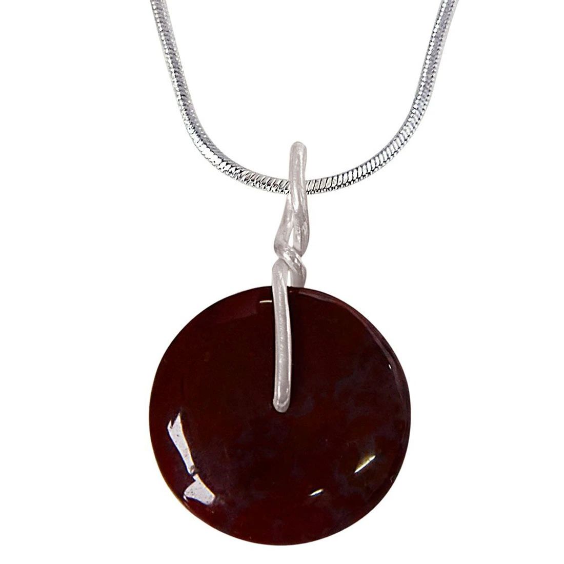 Brown Jasper Semi Precious Stone Disc and Silver Plated 18IN Chain Pendant for Girls (SDS261)