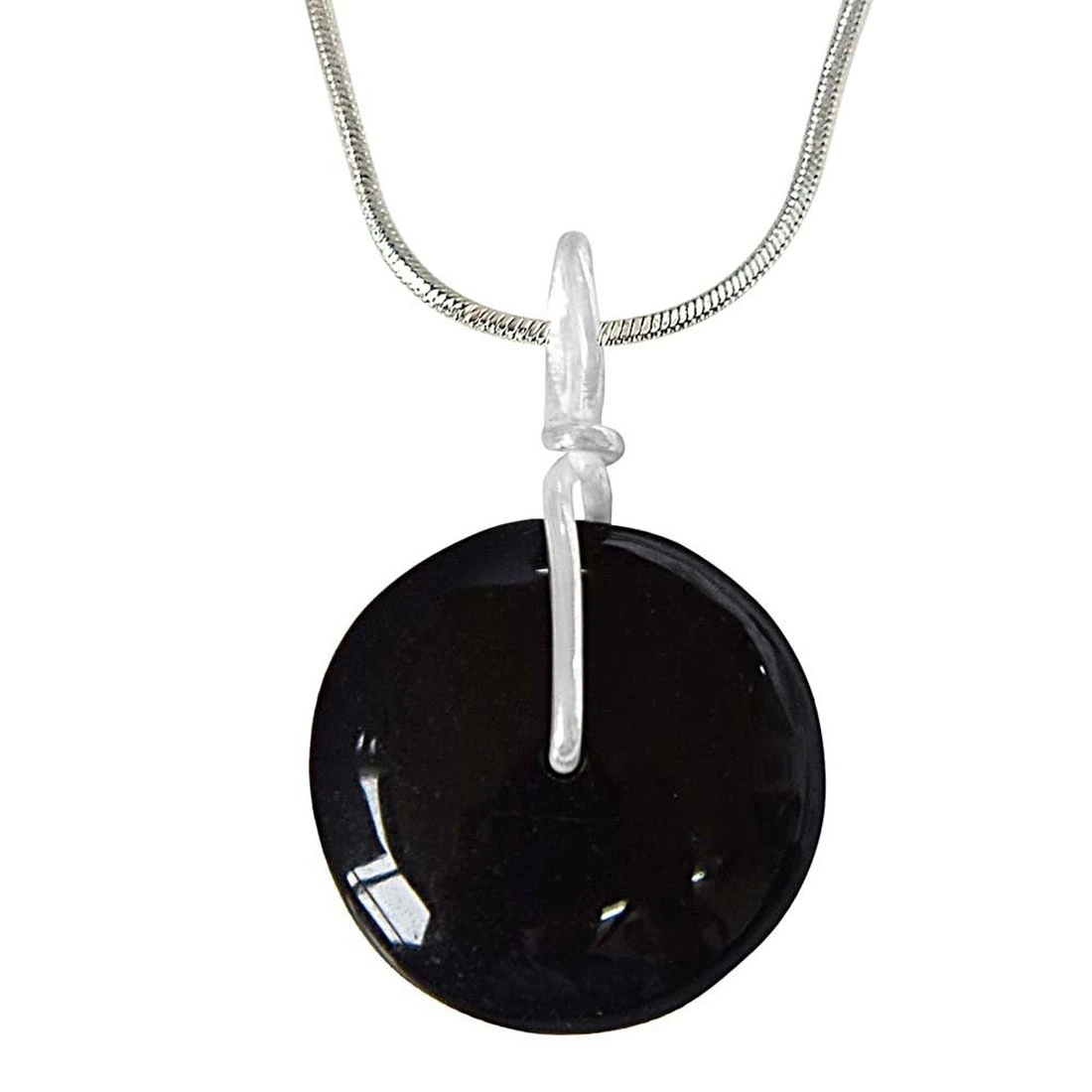 Fine 1.80 cm Black Onyx Disc & Silver Pendant with 18 IN Chain for Girls (SDS262)