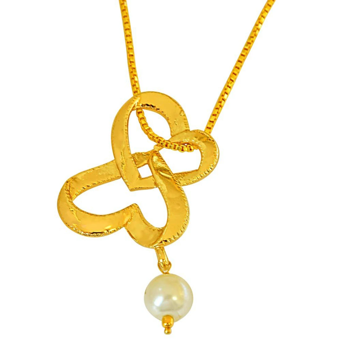 Double Heart Shaped Gold Plated and Shell Pearl Pendant with Chain for Girls (SDS264)