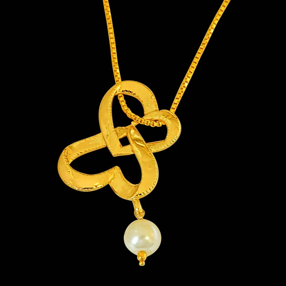 Double Heart Shaped Gold Plated and Shell Pearl Pendant with Chain for Girls SDS264