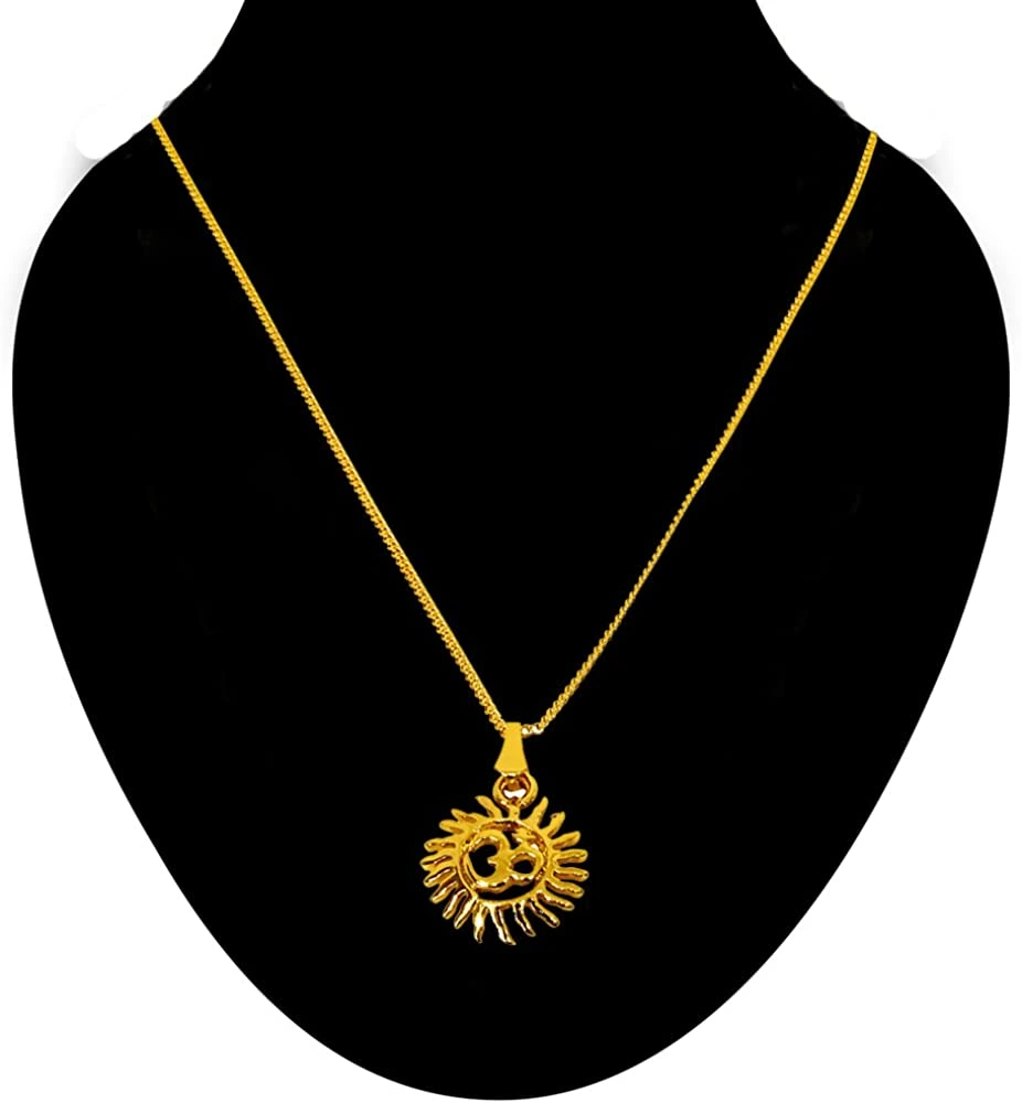 Sun Filled Rays Om Gold Plated Religious Pendant with Chain (SDS270)