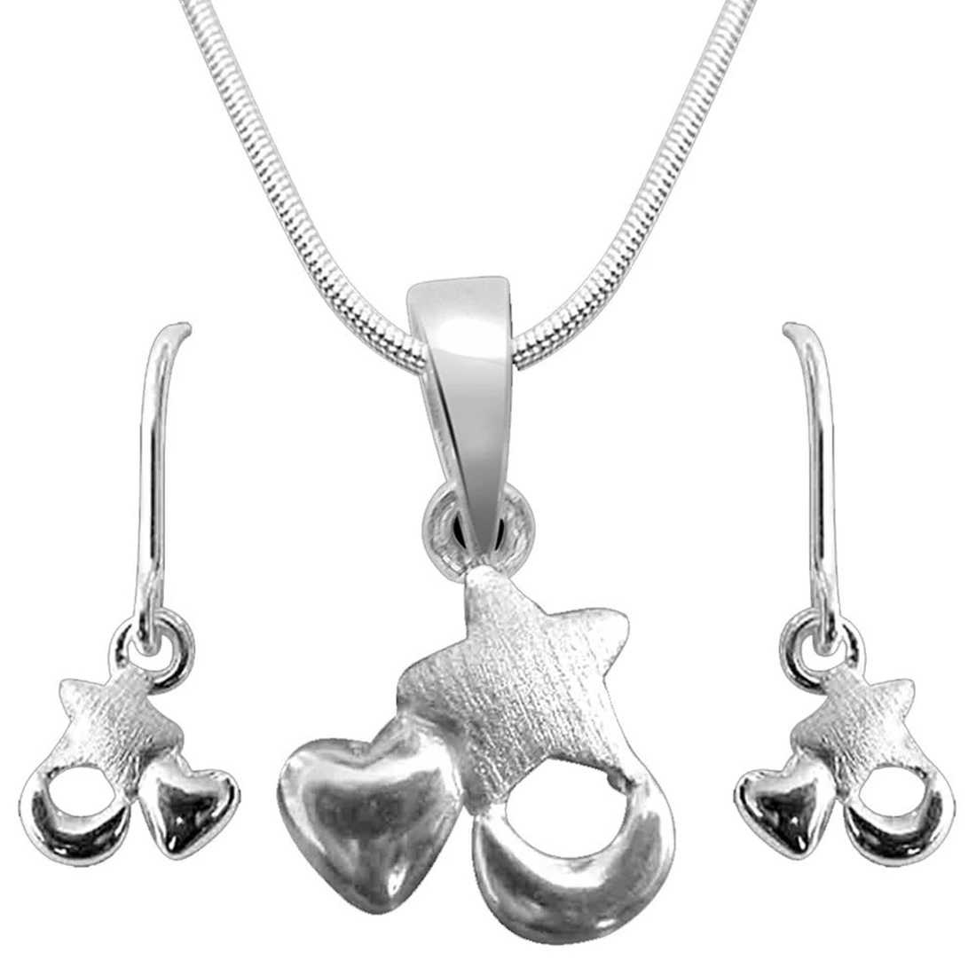 Star, Heart & Moon Shape Hanging Pendant & Earring Set with Silver Finished Chain for Girls (SDS29+SDS34)