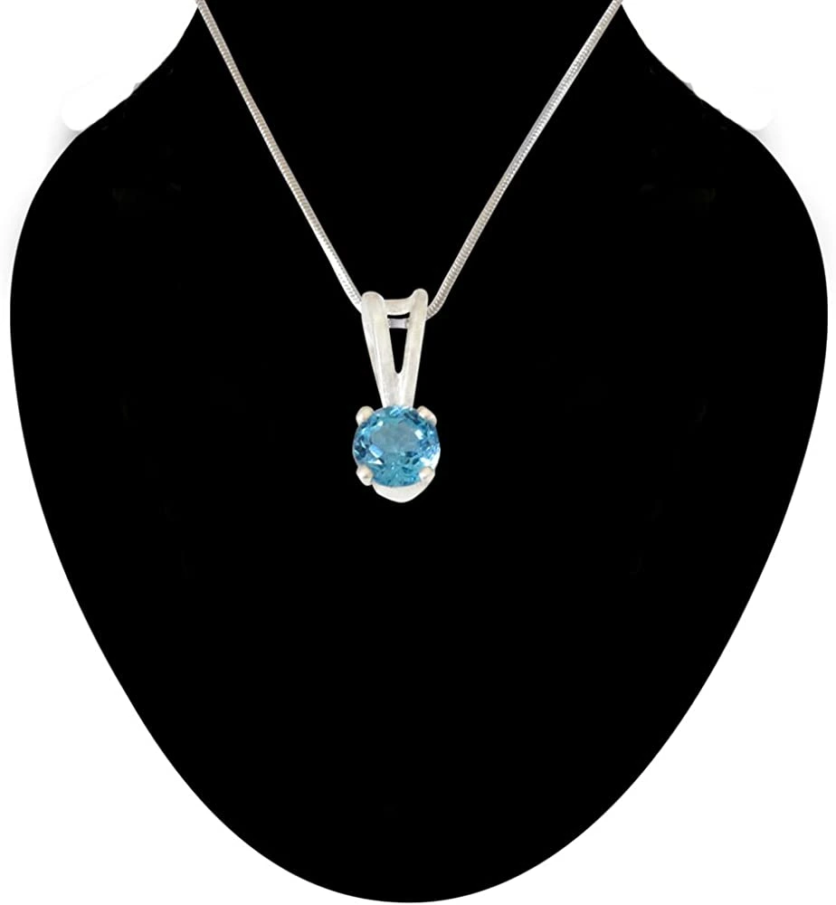Round Shape Blue Topaz Pendant & Earring Set with Silver finished 18 IN Chain (SDS308+SDE14)