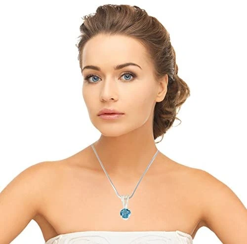 Round Shape Blue Topaz Pendant & Earring Set with Silver finished 18 IN Chain (SDS308+SDE14)