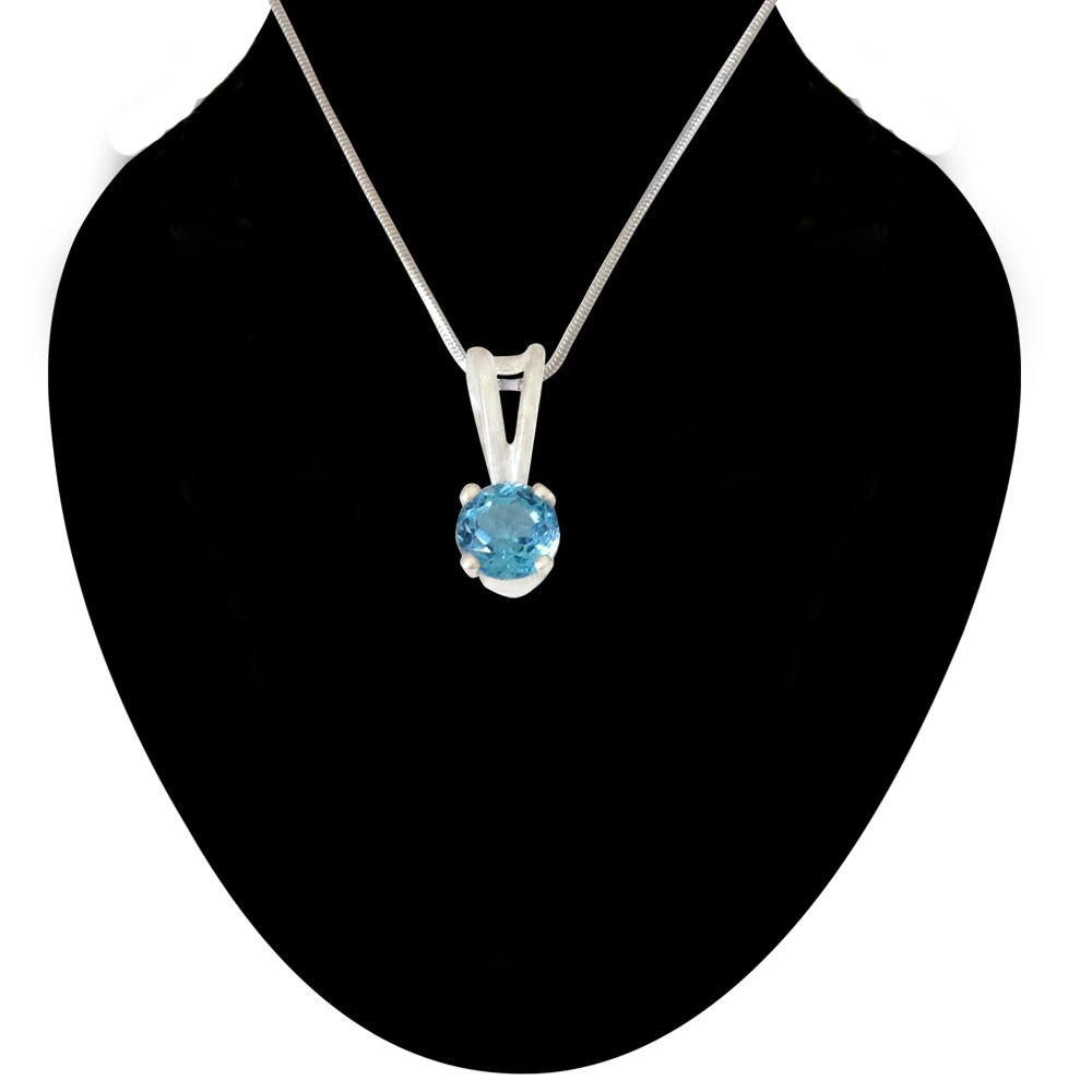 Round Shape Blue Topaz Pendant & Earring Set with Silver finished 18 IN Chain (SDS309+SDE15)