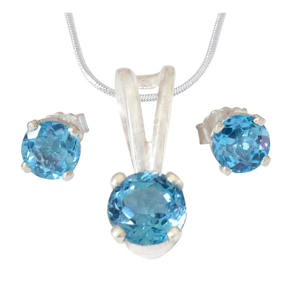 Round Shape Blue Topaz Pendant & Earring Set with Silver finished 18 IN Chain (SDS309+SDE15)