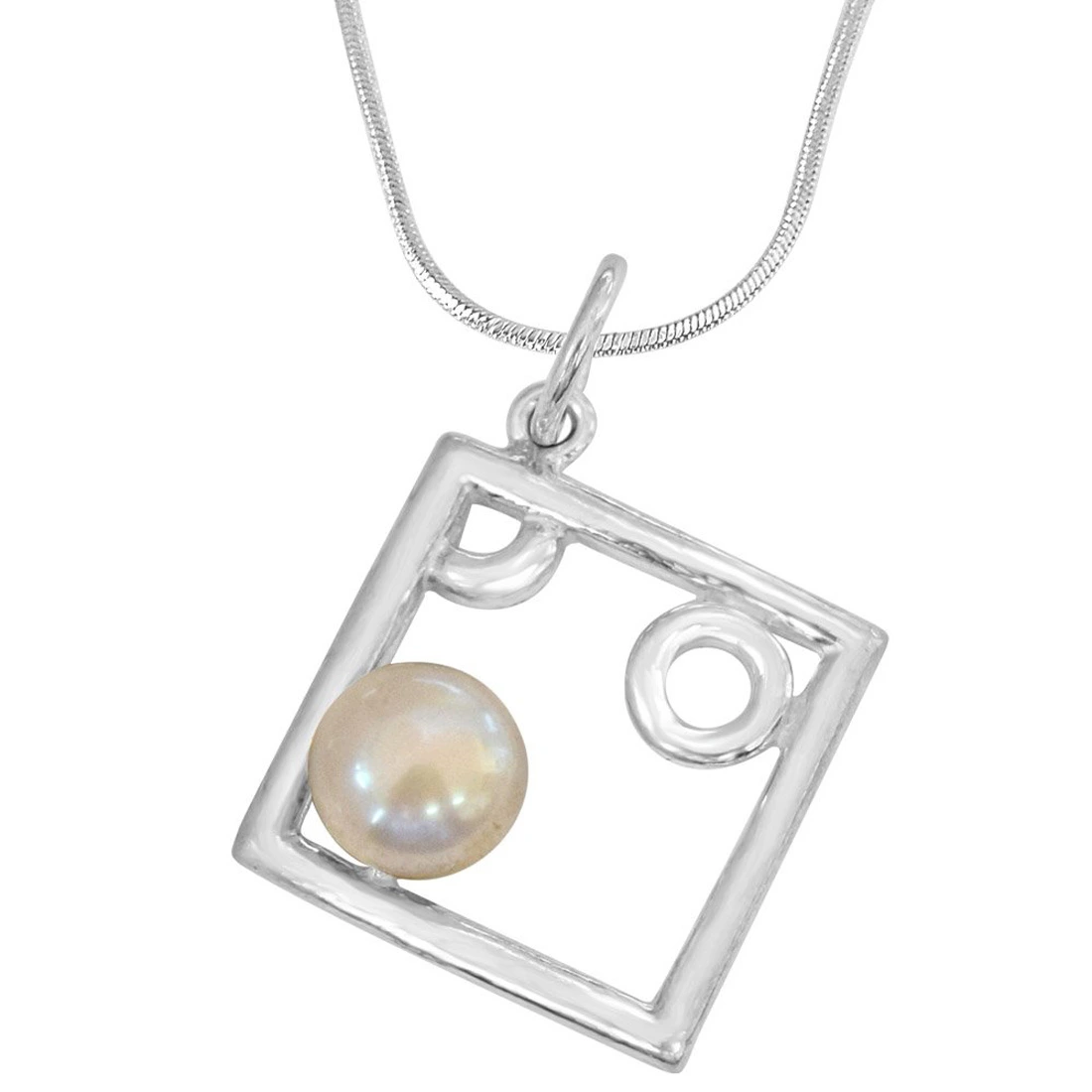 Pearl Delight - Square Shaped Real Pearl and Sterling Silver Pendant with Silver Finished Chain for Girls (SDS79)
