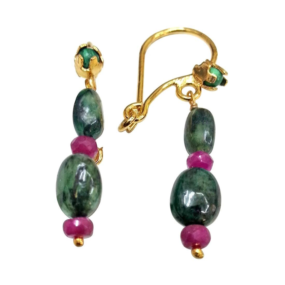 Enriching Elegance - Real Oval Emerald & Red Ruby Beads Hanging Earrings for Women (SE101)
