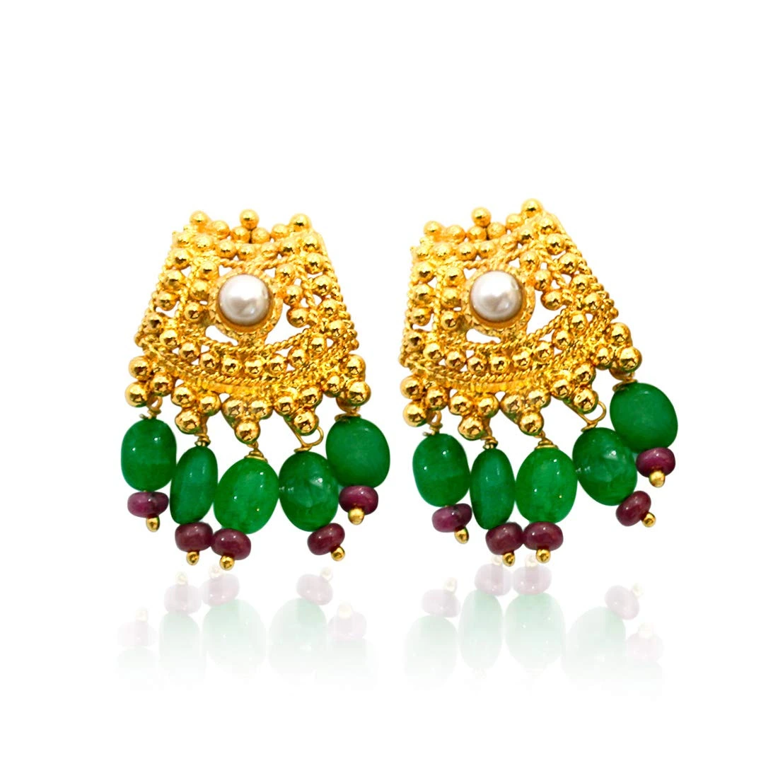 Real Freshwater Pearl, Ruby, Emerald & Gold Plated Earrings for Women (SE107)