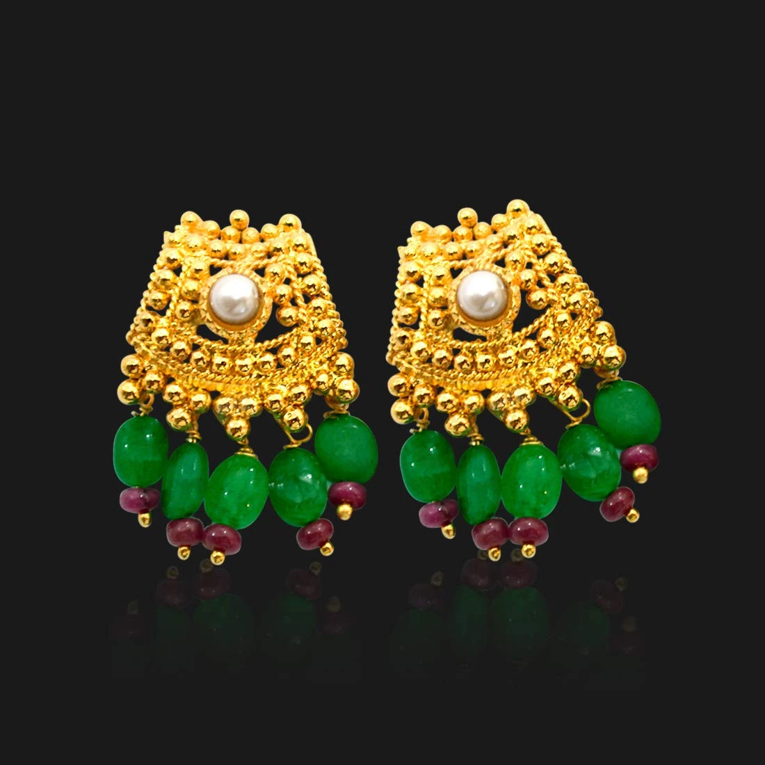 Real Freshwater Pearl, Ruby, Emerald & Gold Plated Earrings for Women (SE107)