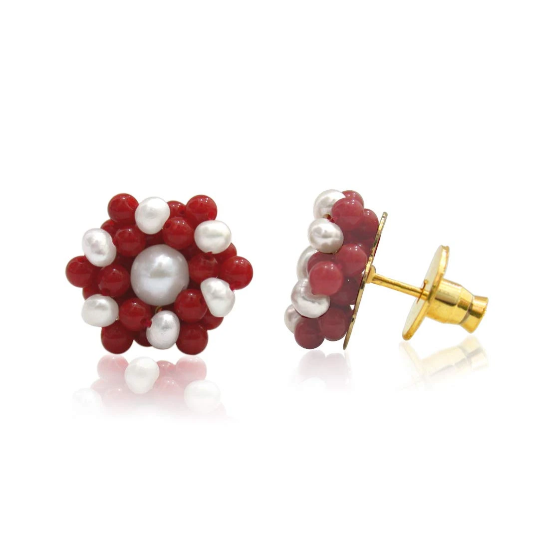 Real Freshwater Pearl & Red Coral Beads Kuda Jodi Earrings for Women (SE108)