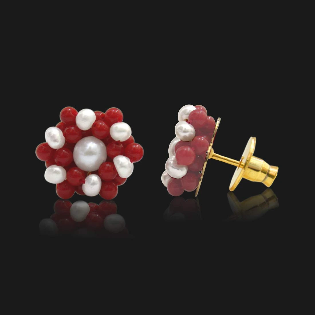 Real Freshwater Pearl & Red Coral Beads Kuda Jodi Earrings for Women (SE108)