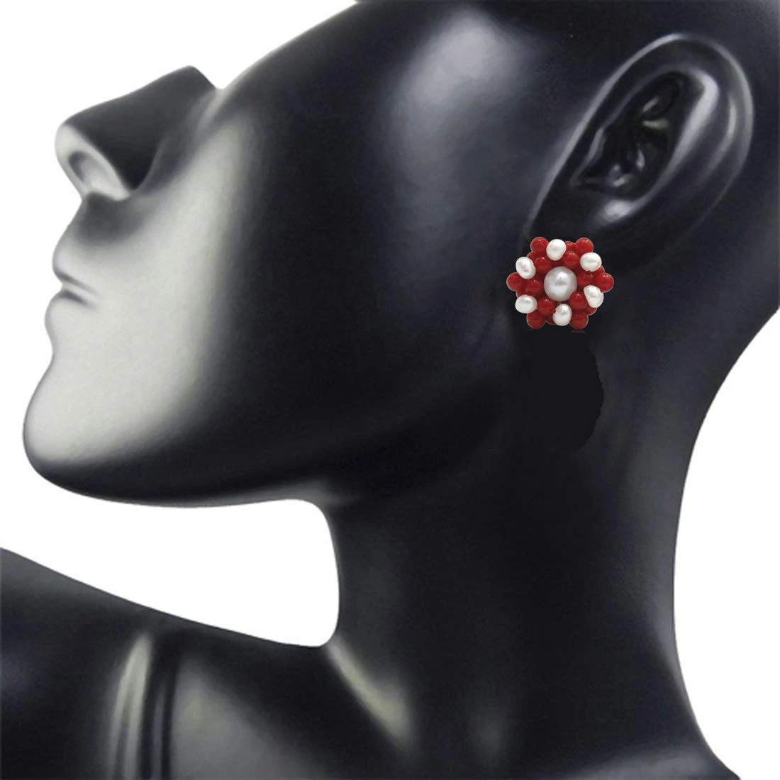 Real Freshwater Pearl & Red Coral Beads Kuda Jodi Earrings for Women (SE108)